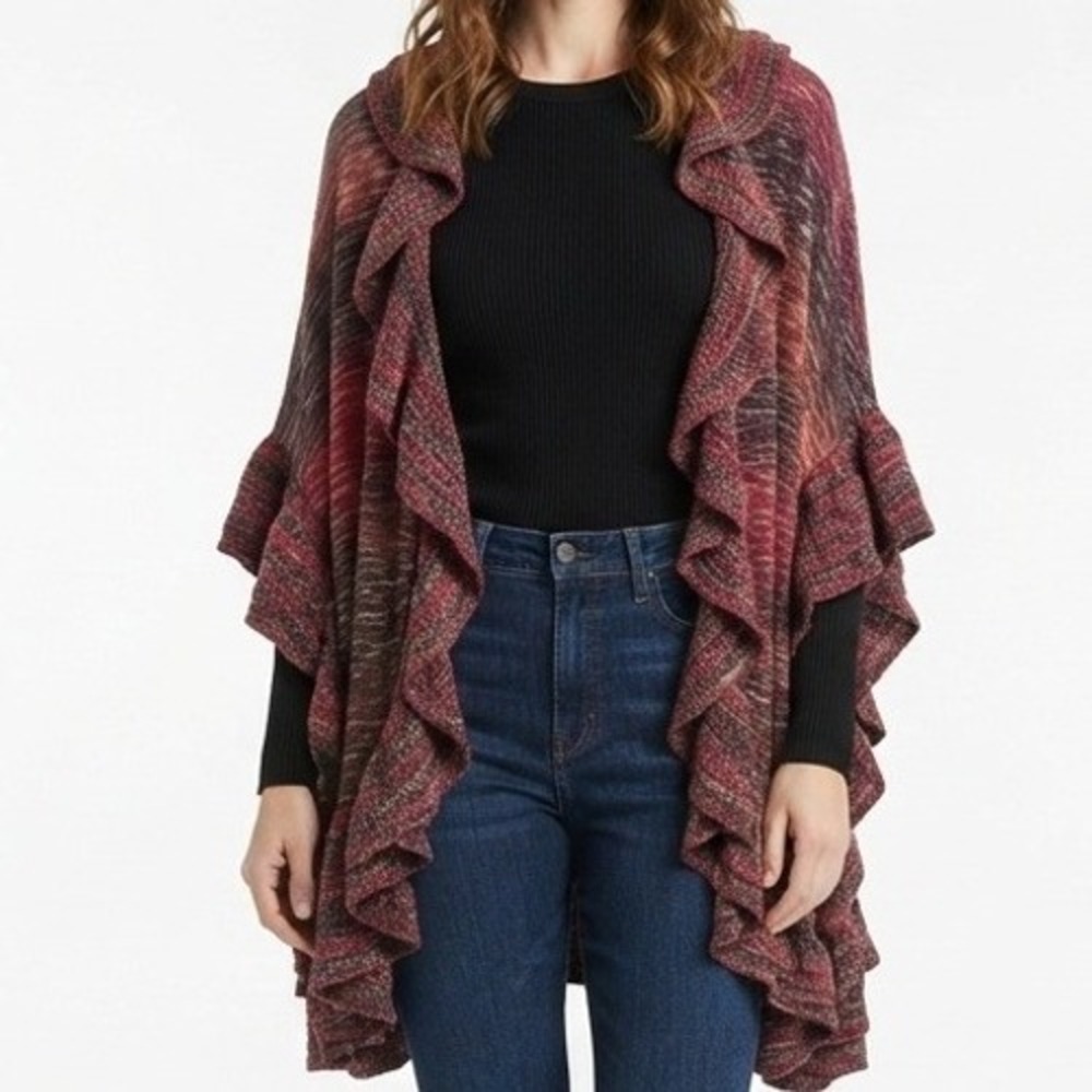 Chico's Ruffle Cardigan Womens S/M Burgundy Space Dye Knit Open Front Wrap